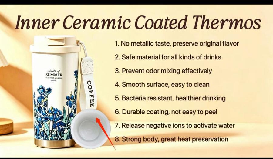 Inner ceramic-coated stainless steel vacuum thermos sample shown at Booth 3C-B37