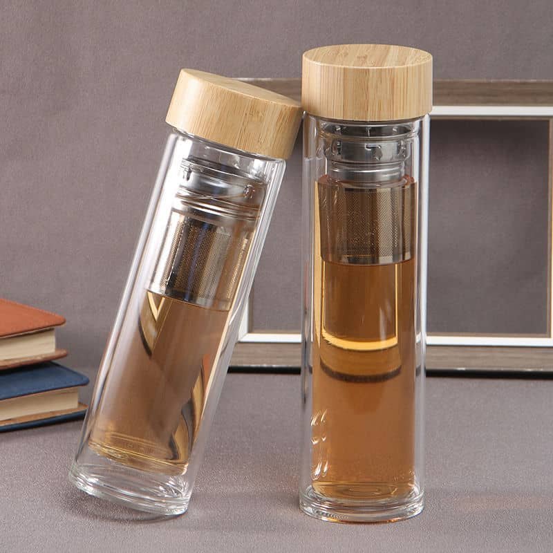 bamboo lid double wall glass tea cup tx 1006 — view 2