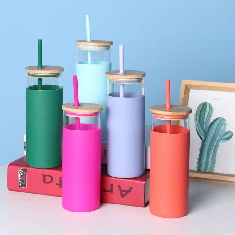 Bamboo Lid Glass Bottle + Silicone Sleeve TX-1002 — bamboo drinkware OEM China