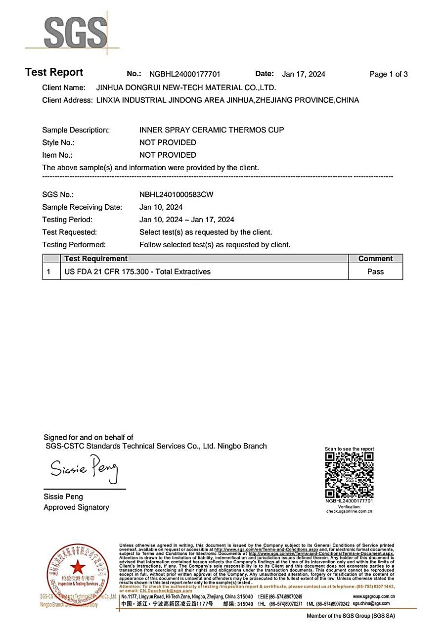 FDA 21 CFR 175.300 ceramic coating SGS report scan